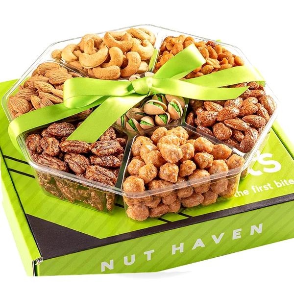 Sweet and roasted salted nuts in a gift-ready basket — nut haven basket
